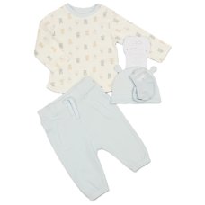 N14755: Baby Boys Waffle Fabric Top, Pant, Hat & Socks Outfit (0-9 Months)